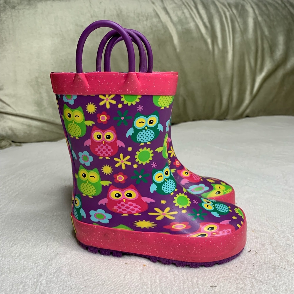 💛 Pink purple floral owl glitter rain boots